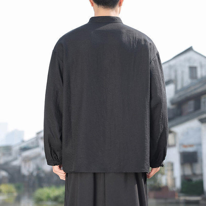 Camisa de algodón de manga larga con cuello alto y dos botones de rana para hombre con Buddha Stones - image 3