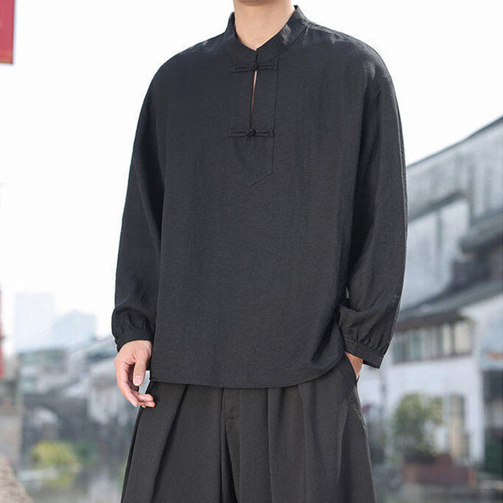 Camisa de algodón de manga larga con cuello alto y dos botones de rana para hombre con Buddha Stones - image 9