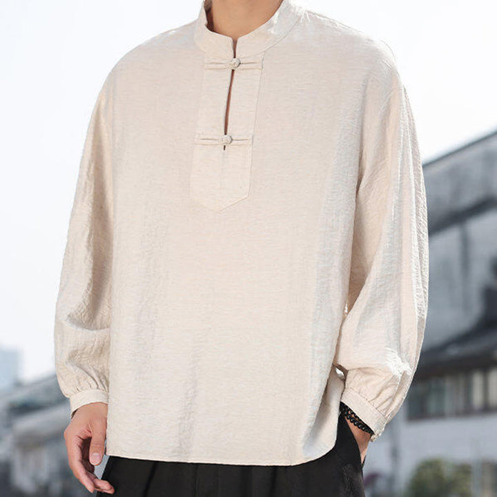 Camisa de algodón de manga larga con cuello alto y dos botones de rana para hombre con Buddha Stones - image 20