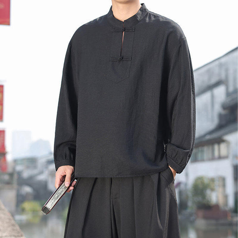 Camisa de algodón de manga larga con cuello alto y dos botones de rana para hombre con Buddha Stones - image 7