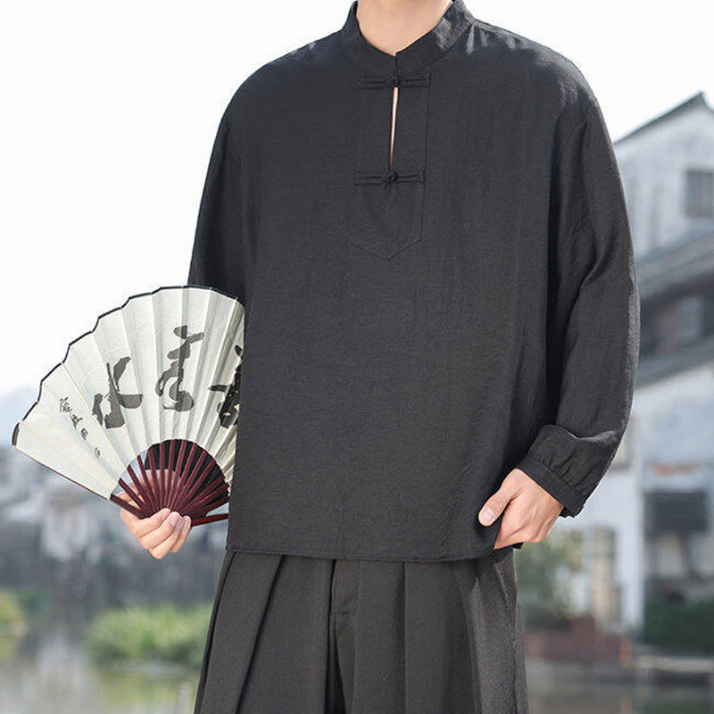 Camisa de algodón de manga larga con cuello alto y dos botones de rana para hombre con Buddha Stones - image 10
