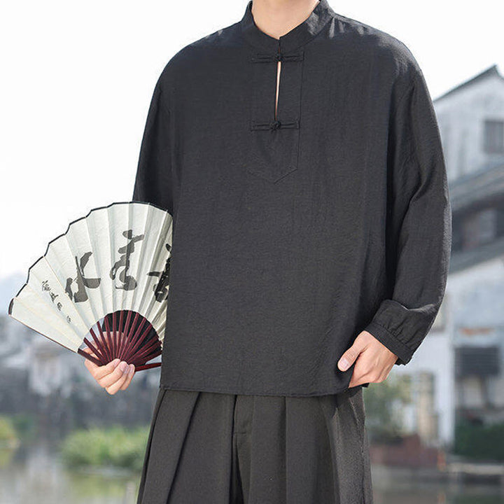 Camisa de algodón de manga larga con cuello alto y dos botones de rana para hombre con Buddha Stones - image 10