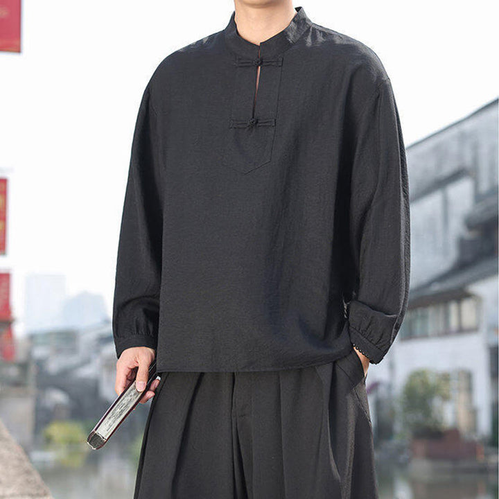 Camisa de algodón de manga larga con cuello alto y dos botones de rana para hombre con Buddha Stones - image 6