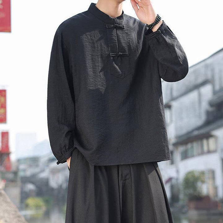 Camisa de algodón de manga larga con cuello alto y dos botones de rana para hombre con Buddha Stones - image 8
