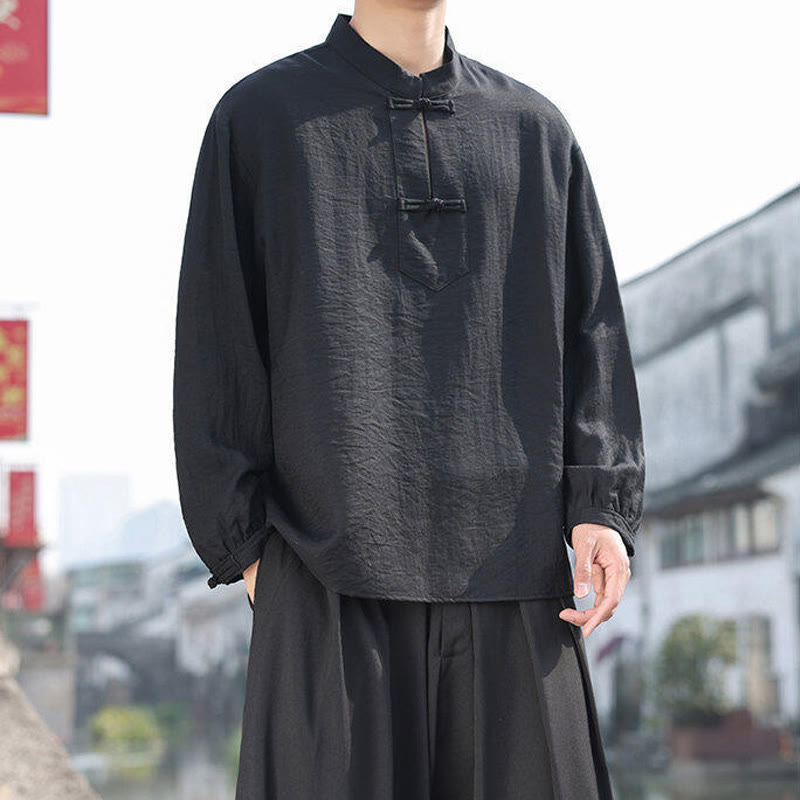 Camisa de algodón de manga larga con cuello alto y dos botones de rana para hombre con Buddha Stones - image 6