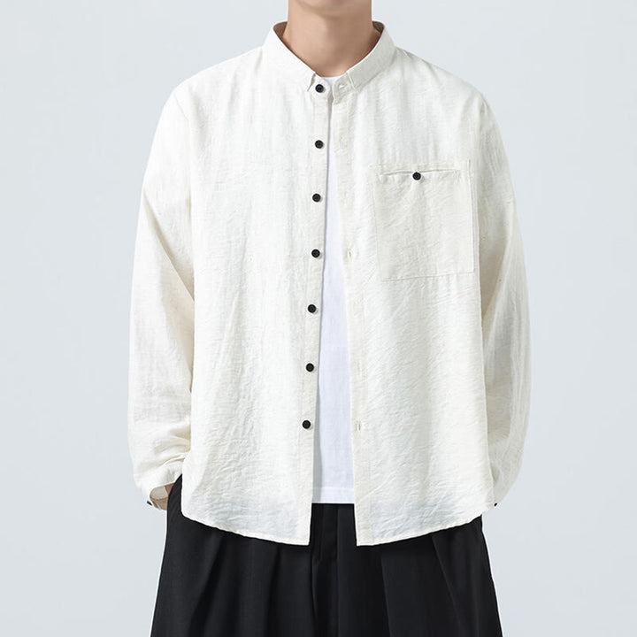 Camisa de algodón de manga larga para hombre, estilo vintage, con botones, cuello alto y Buddha Stones - Blanco - US/UK/AU48，EU58(5XL) - image 0