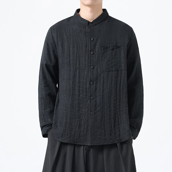 Camisa de algodón de manga larga para hombre, estilo vintage, con botones, cuello alto y Buddha Stones - Negro - US/UK/AU48，EU58(5XL) - image 10