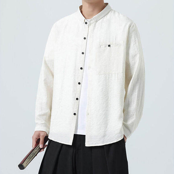 Camisa de algodón de manga larga para hombre, estilo vintage, con botones, cuello alto y Buddha Stones - image 4