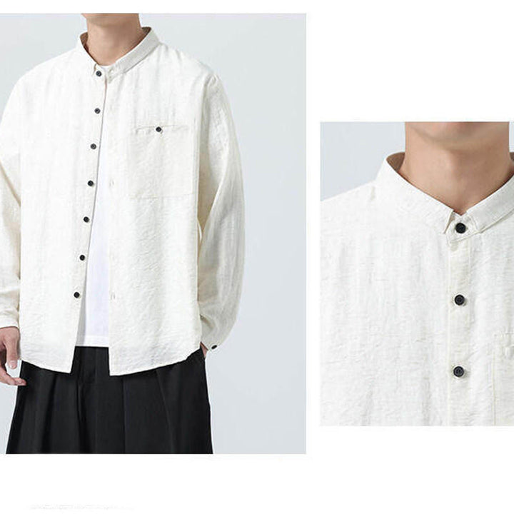 Camisa de algodón de manga larga para hombre, estilo vintage, con botones, cuello alto y Buddha Stones - image 9