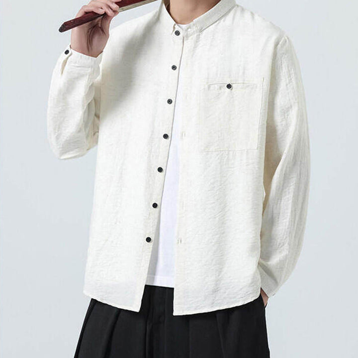 Camisa de algodón de manga larga para hombre, estilo vintage, con botones, cuello alto y Buddha Stones - image 4