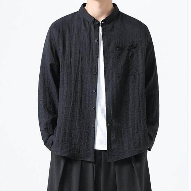 Camisa de algodón de manga larga para hombre, estilo vintage, con botones, cuello alto y Buddha Stones - image 11