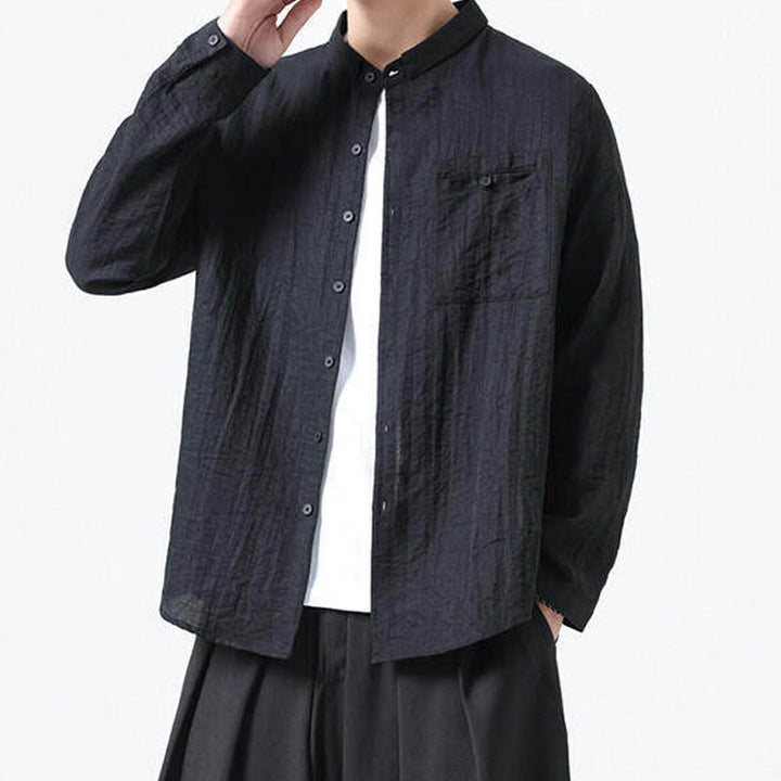Camisa de algodón de manga larga para hombre, estilo vintage, con botones, cuello alto y Buddha Stones - image 13
