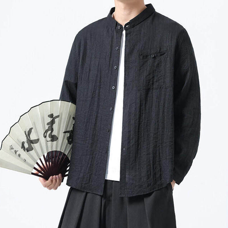 Camisa de algodón de manga larga para hombre, estilo vintage, con botones, cuello alto y Buddha Stones - image 14