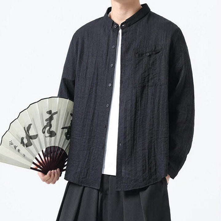 Camisa de algodón de manga larga para hombre, estilo vintage, con botones, cuello alto y Buddha Stones - image 14