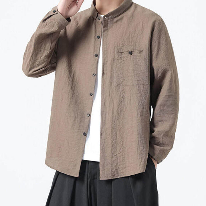 Camisa de algodón de manga larga para hombre, estilo vintage, con botones, cuello alto y Buddha Stones - image 19
