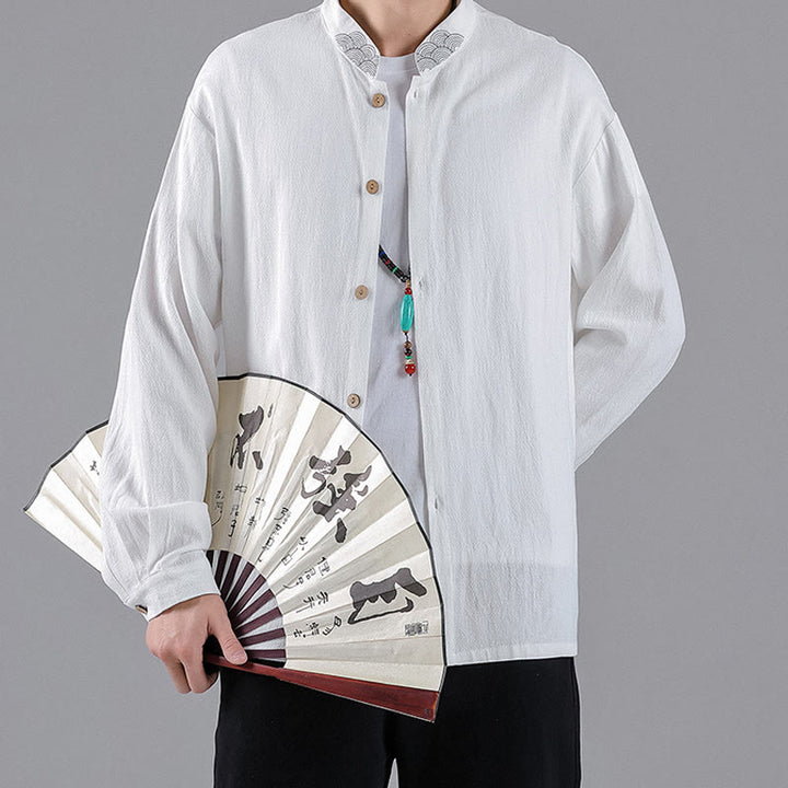 Camisa de algodón para hombre de manga larga con botones y cuello alto con nubes auspiciosas bordadas con Buddha Stones - image 8