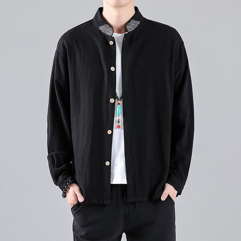 Camisa de algodón para hombre de manga larga con botones y cuello alto con nubes auspiciosas bordadas con Buddha Stones - image 2