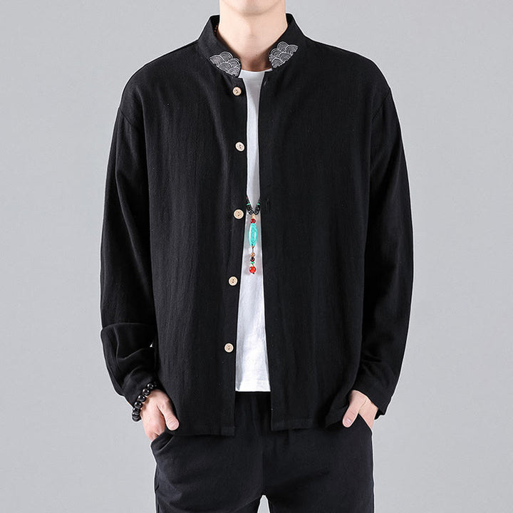 Camisa de algodón para hombre de manga larga con botones y cuello alto con nubes auspiciosas bordadas con Buddha Stones - image 2
