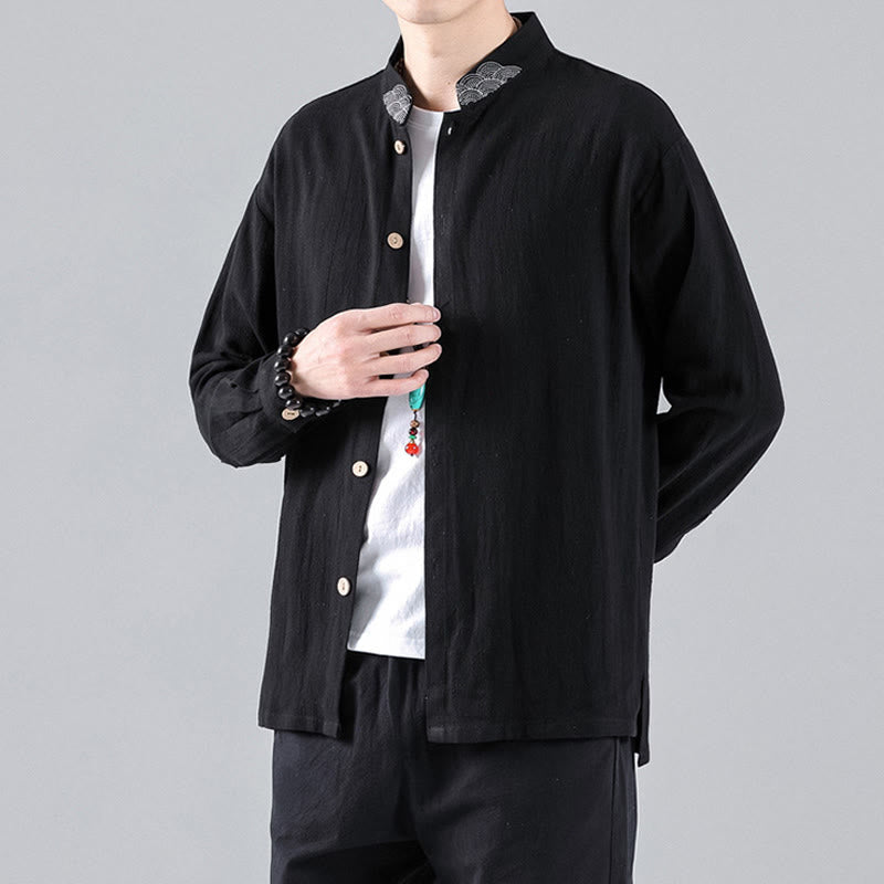 Camisa de algodón para hombre de manga larga con botones y cuello alto con nubes auspiciosas bordadas con Buddha Stones - Negro - US/UK/AU46, EU56 (5XL) - image 1