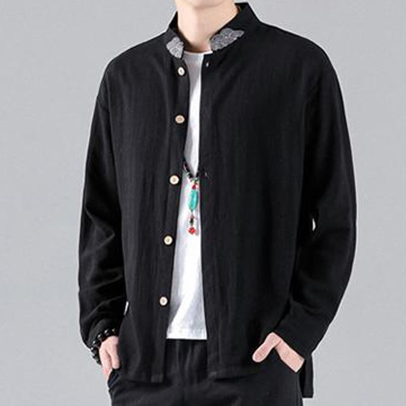 Camisa de algodón para hombre de manga larga con botones y cuello alto con nubes auspiciosas bordadas con Buddha Stones - image 5