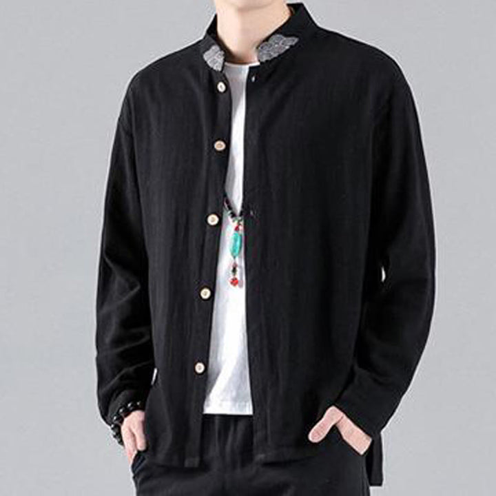 Camisa de algodón para hombre de manga larga con botones y cuello alto con nubes auspiciosas bordadas con Buddha Stones - image 5