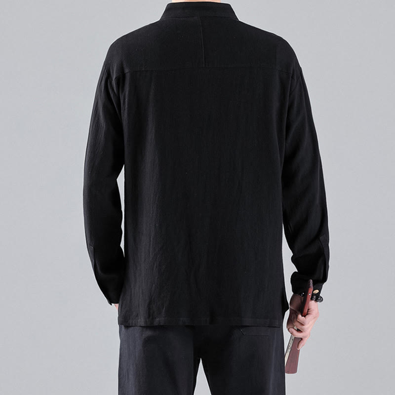 Camisa de algodón para hombre de manga larga con botones y cuello alto con nubes auspiciosas bordadas con Buddha Stones - image 3