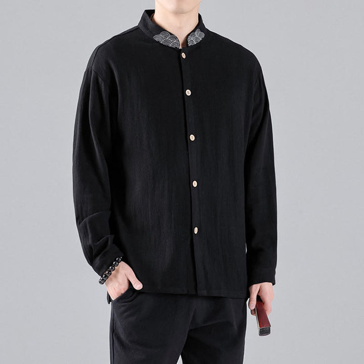 Camisa de algodón para hombre de manga larga con botones y cuello alto con nubes auspiciosas bordadas con Buddha Stones - image 6