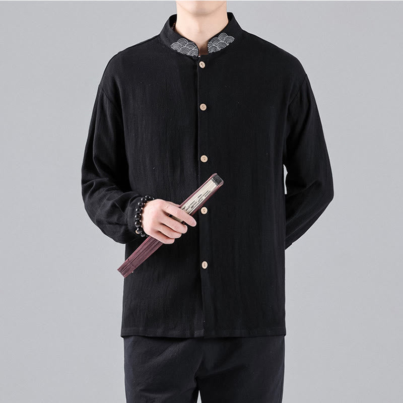 Camisa de algodón para hombre de manga larga con botones y cuello alto con nubes auspiciosas bordadas con Buddha Stones - image 4