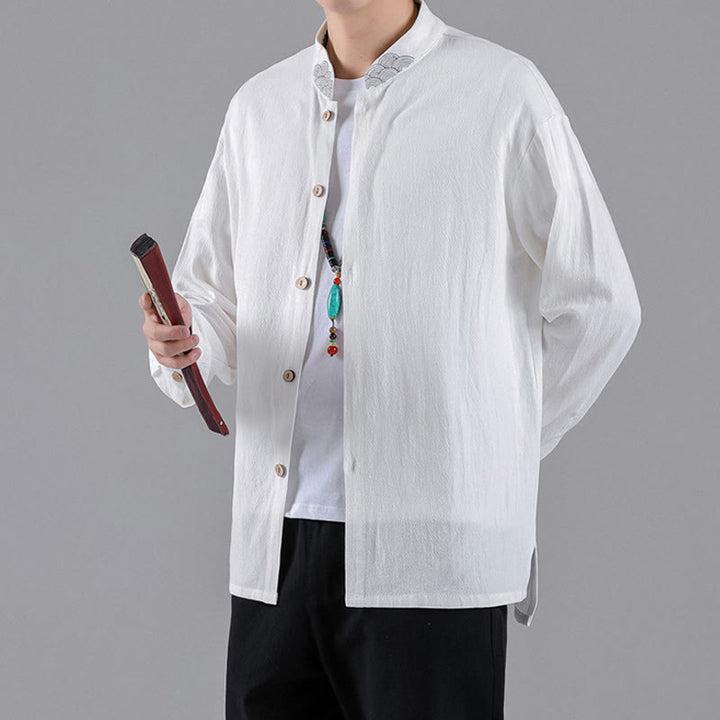 Camisa de algodón para hombre de manga larga con botones y cuello alto con nubes auspiciosas bordadas con Buddha Stones - image 14