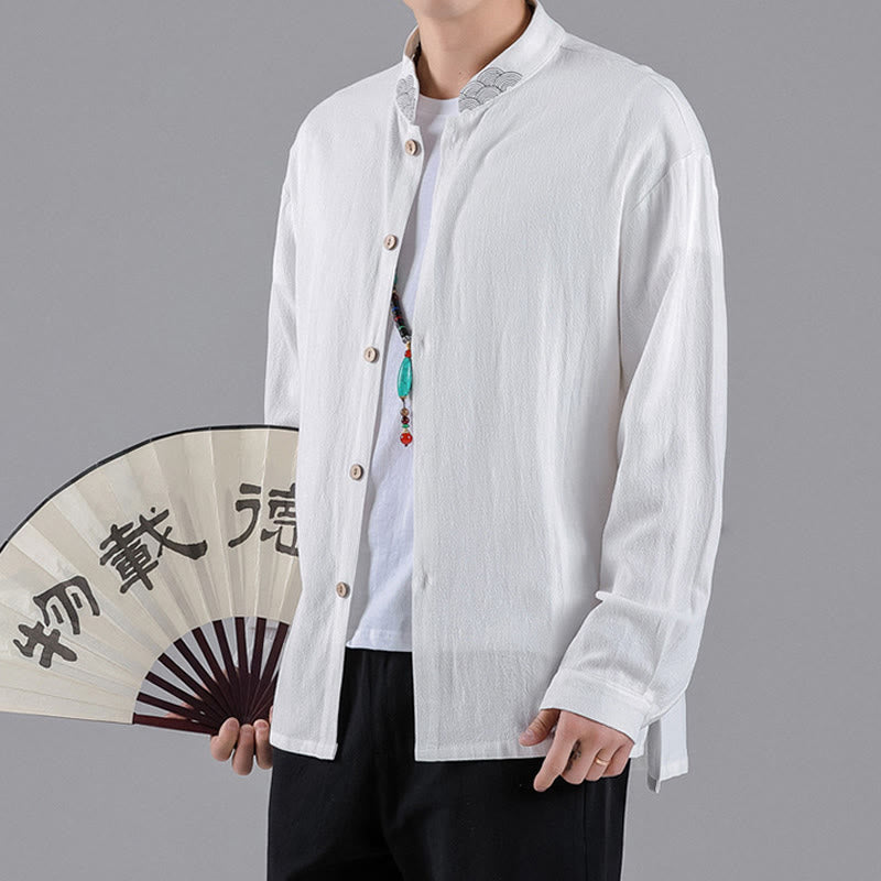 Camisa de algodón para hombre de manga larga con botones y cuello alto con nubes auspiciosas bordadas con Buddha Stones - image 12