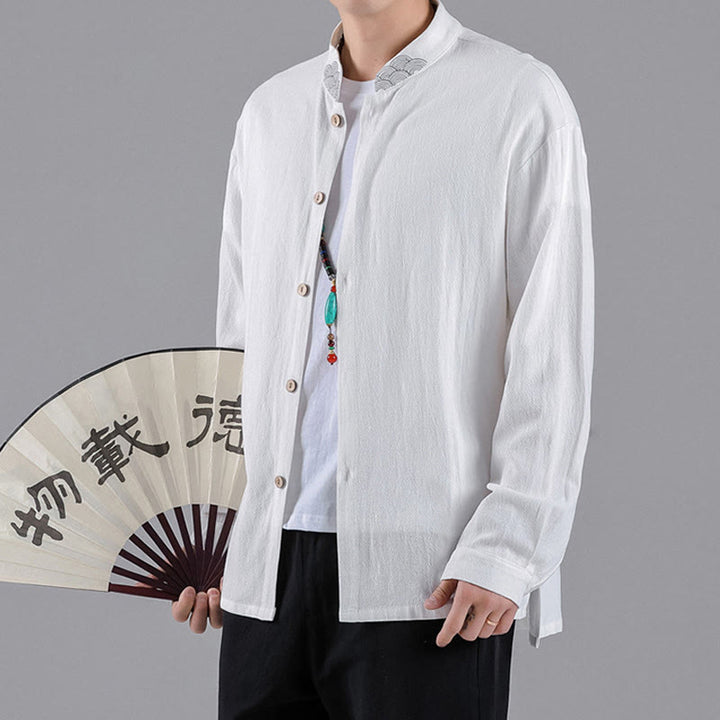 Camisa de algodón para hombre de manga larga con botones y cuello alto con nubes auspiciosas bordadas con Buddha Stones - image 12