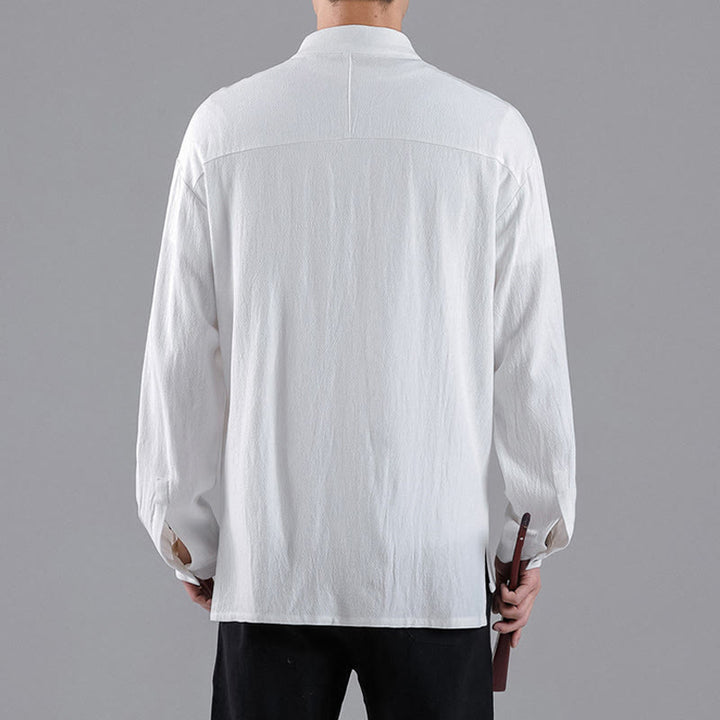 Camisa de algodón para hombre de manga larga con botones y cuello alto con nubes auspiciosas bordadas con Buddha Stones - image 9