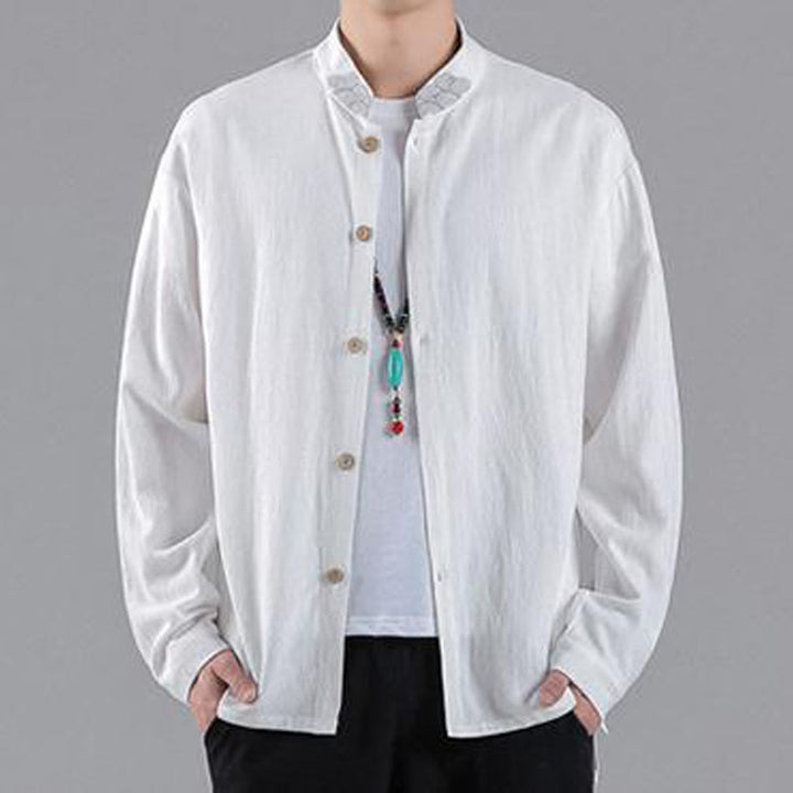 Camisa de algodón para hombre de manga larga con botones y cuello alto con nubes auspiciosas bordadas con Buddha Stones - Blanco - US/UK/AU46, EU56 (5XL) - image 7