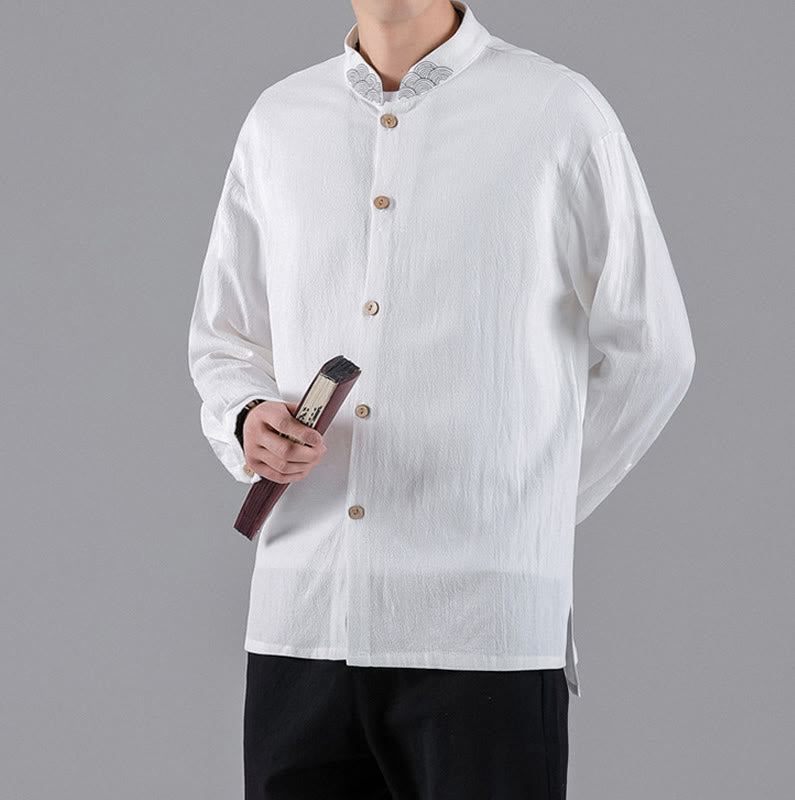 Camisa de algodón para hombre de manga larga con botones y cuello alto con nubes auspiciosas bordadas con Buddha Stones - image 11