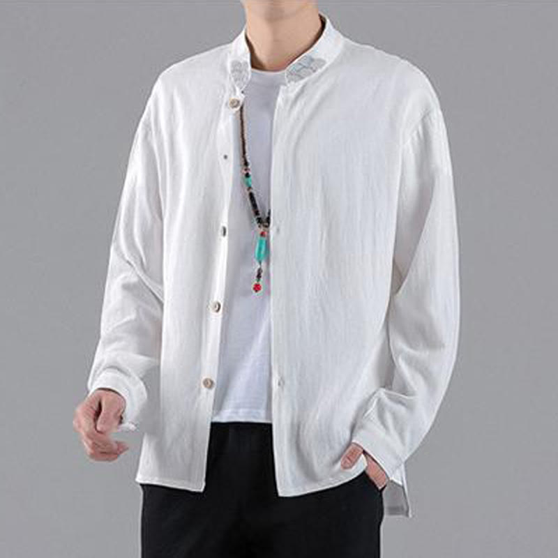Camisa de algodón para hombre de manga larga con botones y cuello alto con nubes auspiciosas bordadas con Buddha Stones - image 10