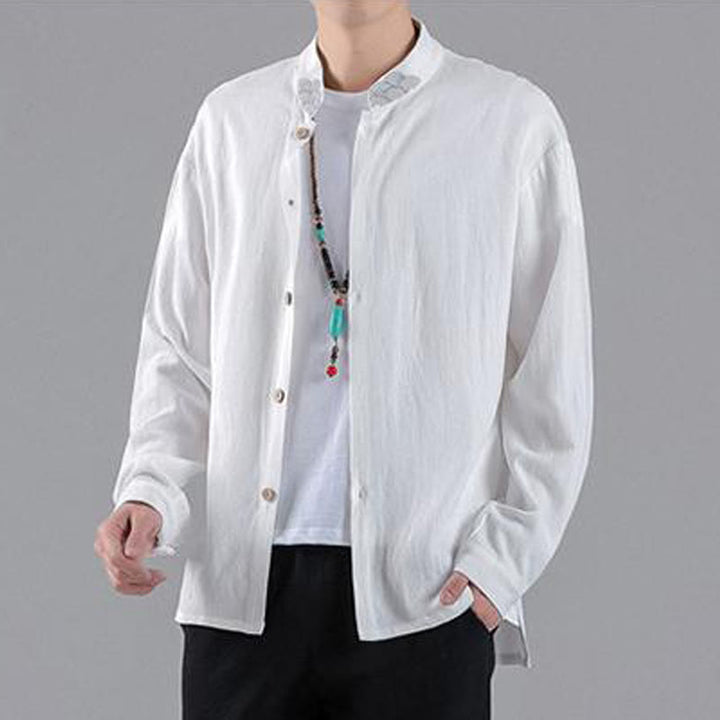 Camisa de algodón para hombre de manga larga con botones y cuello alto con nubes auspiciosas bordadas con Buddha Stones - image 10