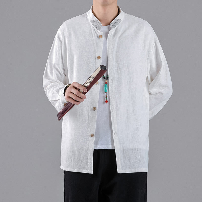 Camisa de algodón para hombre de manga larga con botones y cuello alto con nubes auspiciosas bordadas con Buddha Stones - image 13