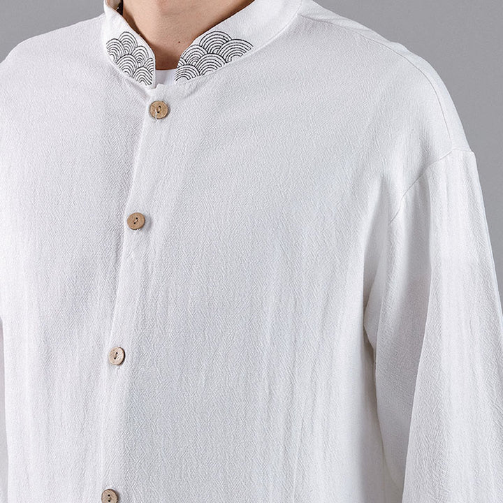Camisa de algodón para hombre de manga larga con botones y cuello alto con nubes auspiciosas bordadas con Buddha Stones - image 16