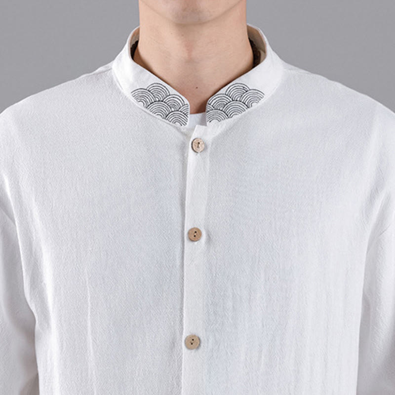 Camisa de algodón para hombre de manga larga con botones y cuello alto con nubes auspiciosas bordadas con Buddha Stones - image 15