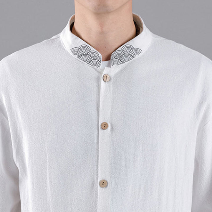 Camisa de algodón para hombre de manga larga con botones y cuello alto con nubes auspiciosas bordadas con Buddha Stones - image 15