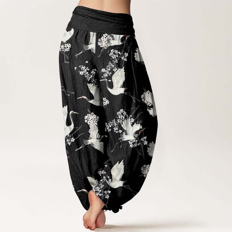 Pantalones harén de cintura elástica para mujer, informales, elegantes, con estampado de flores y grullas de Buddha Stones - image 3
