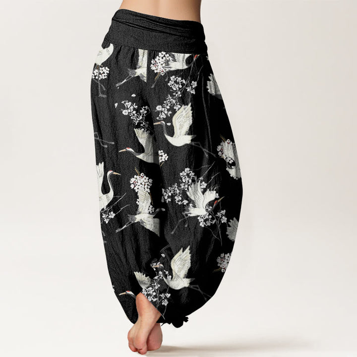 Pantalones harén de cintura elástica para mujer, informales, elegantes, con estampado de flores y grullas de Buddha Stones - image 2