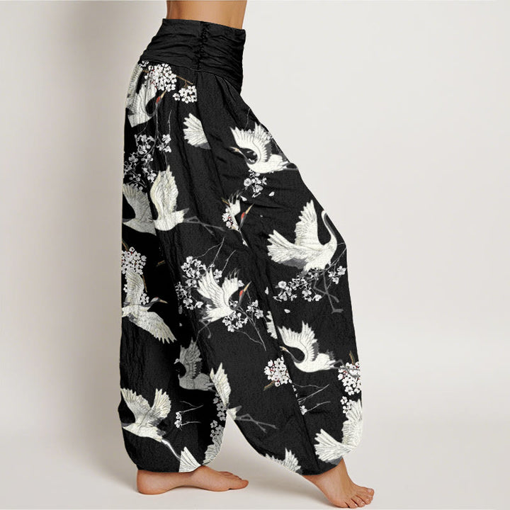 Pantalones harén de cintura elástica para mujer, informales, elegantes, con estampado de flores y grullas de Buddha Stones - image 1