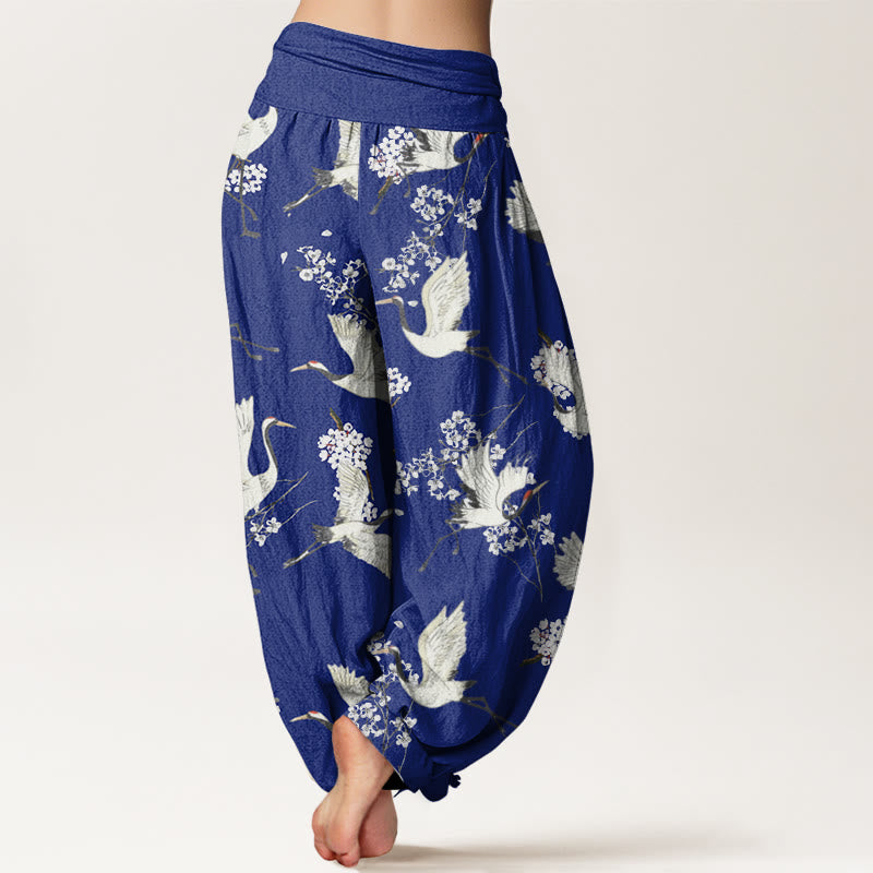 Pantalones harén de cintura elástica para mujer, informales, elegantes, con estampado de flores y grullas de Buddha Stones - image 6