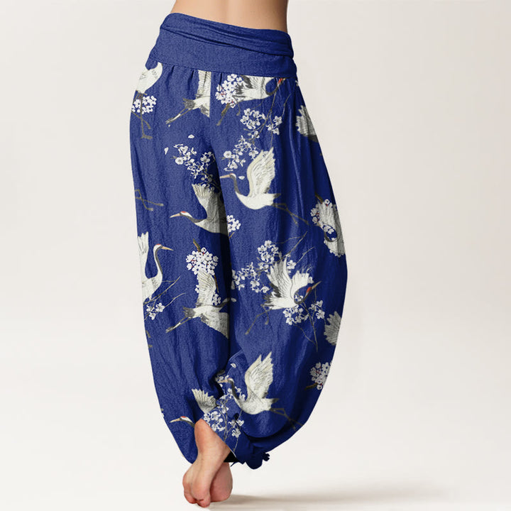 Pantalones harén de cintura elástica para mujer, informales, elegantes, con estampado de flores y grullas de Buddha Stones - image 7