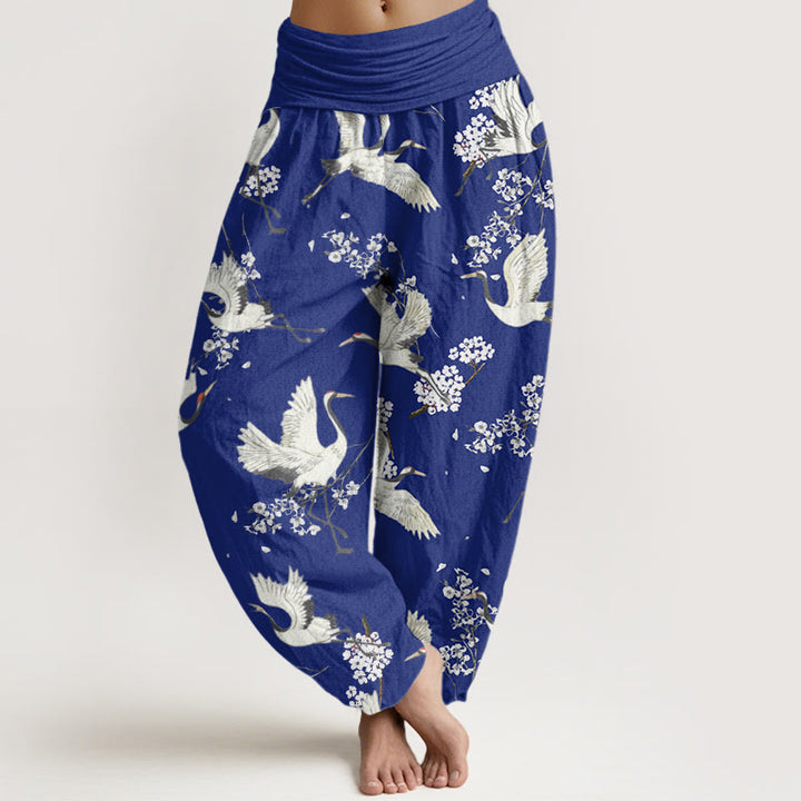 Pantalones harén de cintura elástica para mujer, informales, elegantes, con estampado de flores y grullas de Buddha Stones - Azul medio - US22，UK/AU26，EU54 (6XL) - image 4