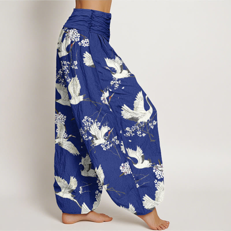 Pantalones harén de cintura elástica para mujer, informales, elegantes, con estampado de flores y grullas de Buddha Stones - image 6