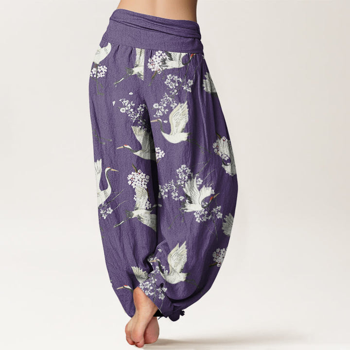 Pantalones harén de cintura elástica para mujer, informales, elegantes, con estampado de flores y grullas de Buddha Stones - image 9