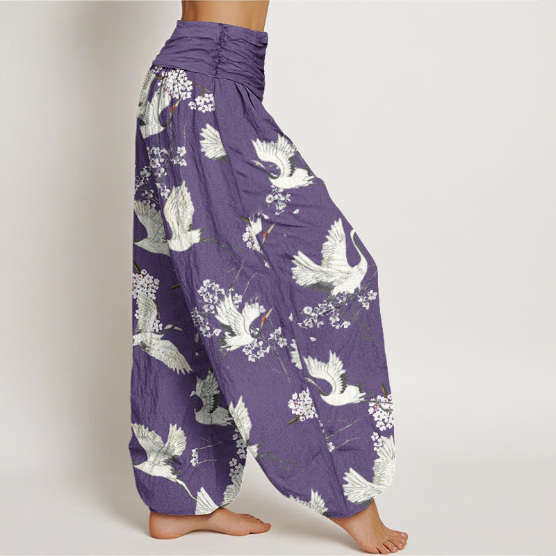 Pantalones harén de cintura elástica para mujer, informales, elegantes, con estampado de flores y grullas de Buddha Stones - image 9
