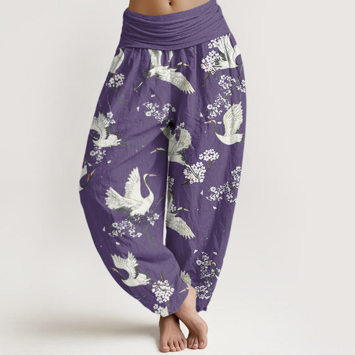 Pantalones harén de cintura elástica para mujer, informales, elegantes, con estampado de flores y grullas de Buddha Stones - Morado medio - US22，UK/AU26，EU54 (6XL) - image 7